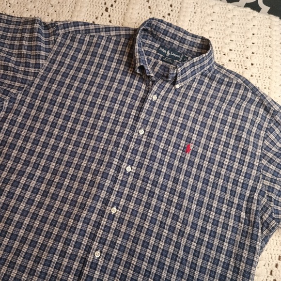 Vtg Ralph Lauren Mens XL Blair Blue Plaid Short Sleeve Seersucker Shirt Textured - Picture 1 of 8
